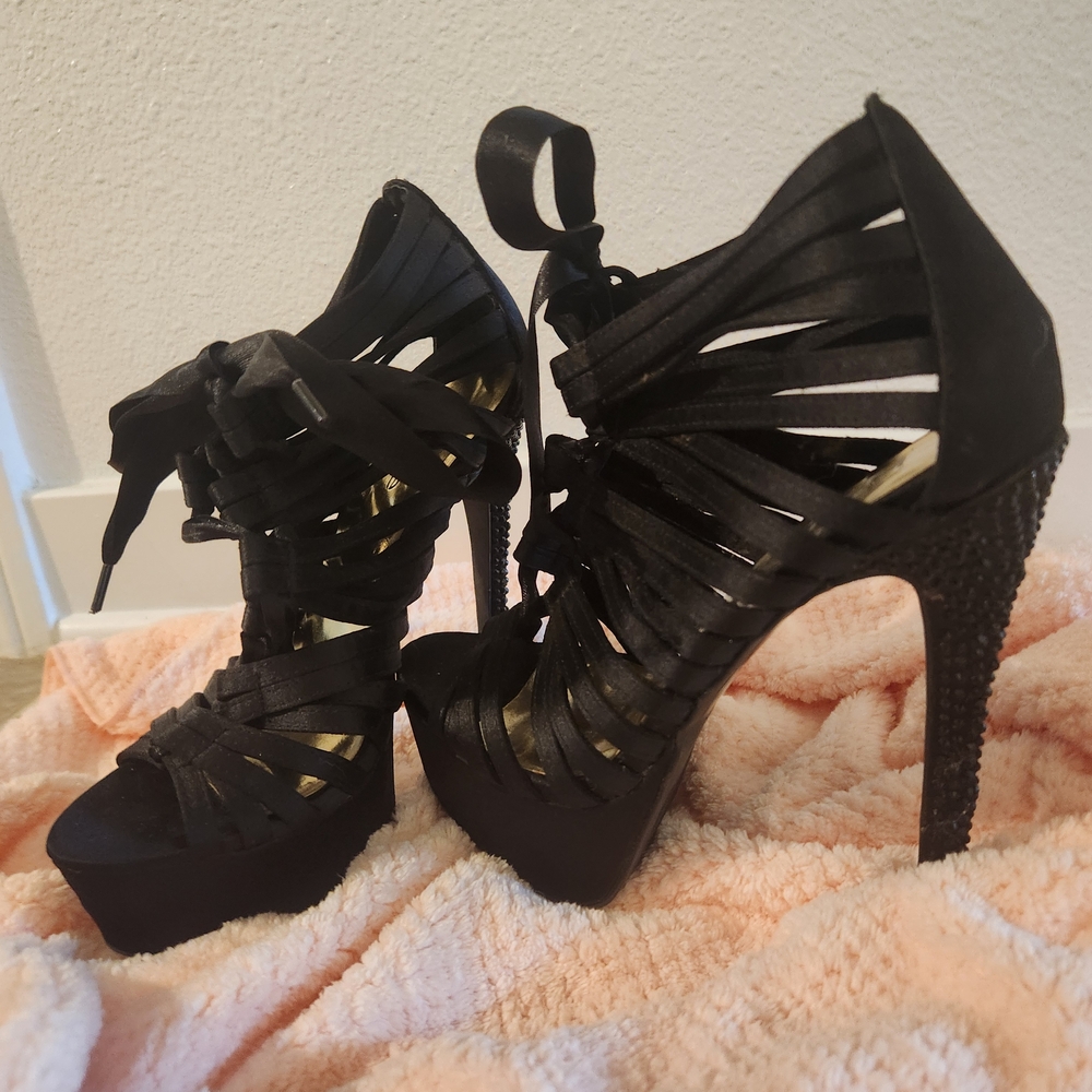 bebe Black Strappy Platform Heels